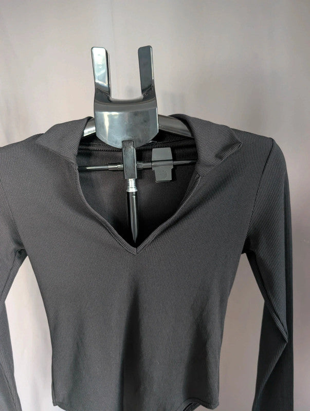 Select Black Ribbed Long Sleeve Collared Bodysuit Size S