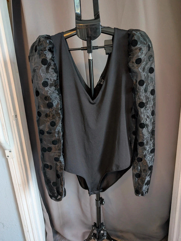 New Look Black Bodysuit 14 Sheer Polka Dot Long Puff Sleeve V Neck Party