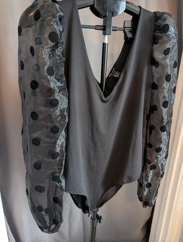 New Look Black Bodysuit 14 Sheer Polka Dot Long Puff Sleeve V Neck Party