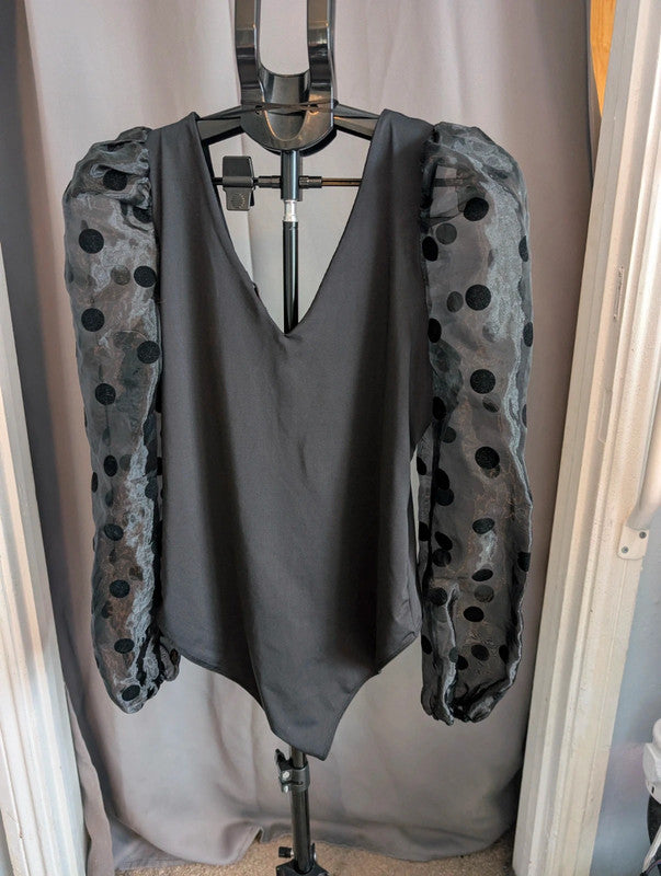 New Look Black Bodysuit 14 Sheer Polka Dot Long Puff Sleeve V Neck Party