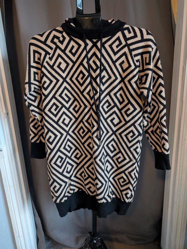 Moewy Black Cream Geometric Knit Hooded Jumper Dress One Size