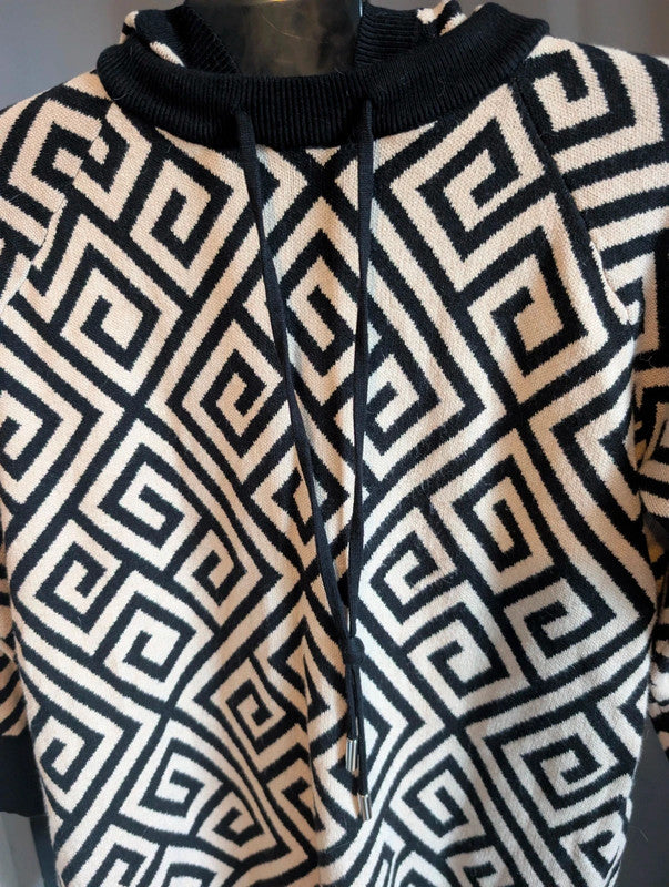 Moewy Black Cream Geometric Knit Hooded Jumper Dress One Size