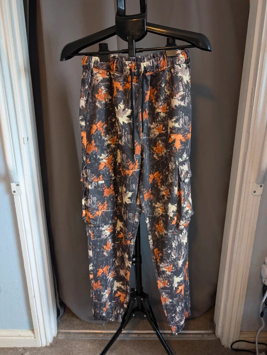 Orange Camo Cargo Trousers S Leaf Print Combat Pants Streetwear Gorpcore