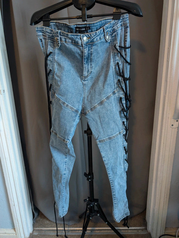 PrettyLittleThing Blue Lace Up Skinny Jeans 14 Eyelet Y2K Grunge Denim
