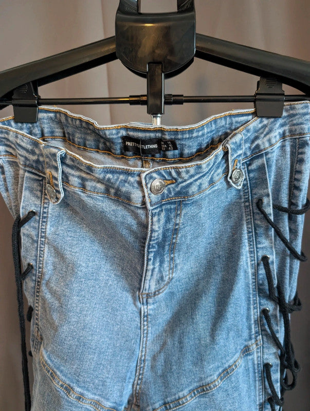 PrettyLittleThing Blue Lace Up Skinny Jeans 14 Eyelet Y2K Grunge Denim