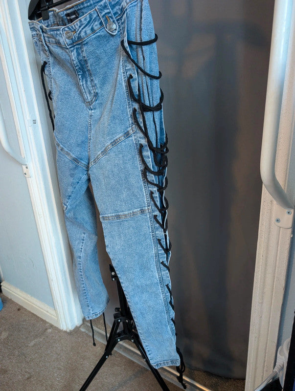 PrettyLittleThing Blue Lace Up Skinny Jeans 14 Eyelet Y2K Grunge Denim