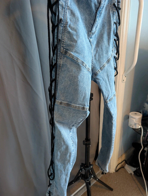PrettyLittleThing Blue Lace Up Skinny Jeans 14 Eyelet Y2K Grunge Denim