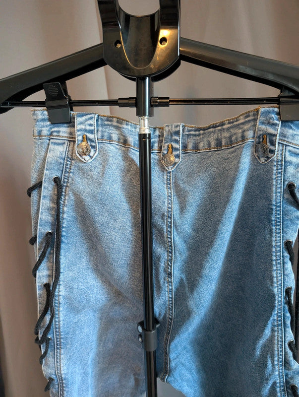 PrettyLittleThing Blue Lace Up Skinny Jeans 14 Eyelet Y2K Grunge Denim