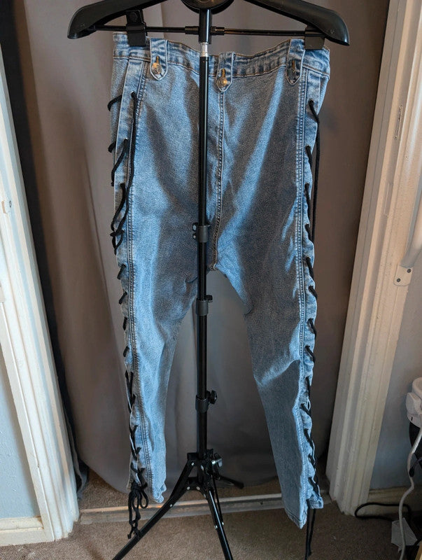 PrettyLittleThing Blue Lace Up Skinny Jeans 14 Eyelet Y2K Grunge Denim