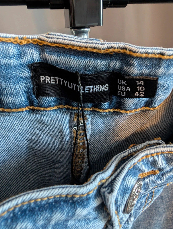 PrettyLittleThing Blue Lace Up Skinny Jeans 14 Eyelet Y2K Grunge Denim
