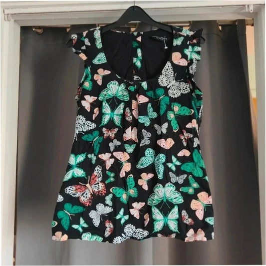 Dorothy Perkins Black Cotton Butterfly Print Short Flutter Sleeve Blouse Size 12