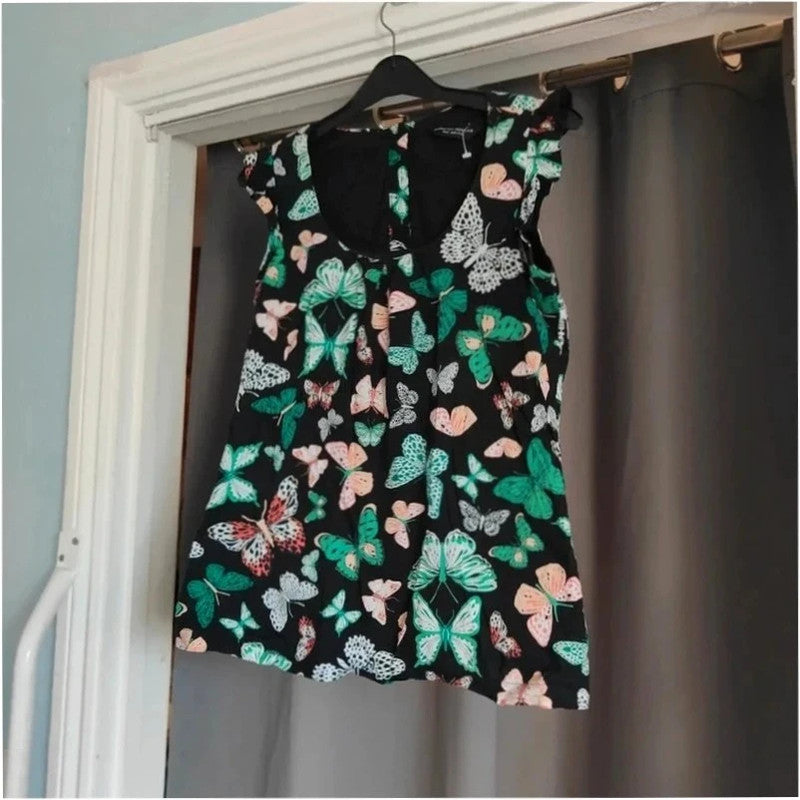 Dorothy Perkins Black Cotton Butterfly Print Short Flutter Sleeve Blouse Size 12