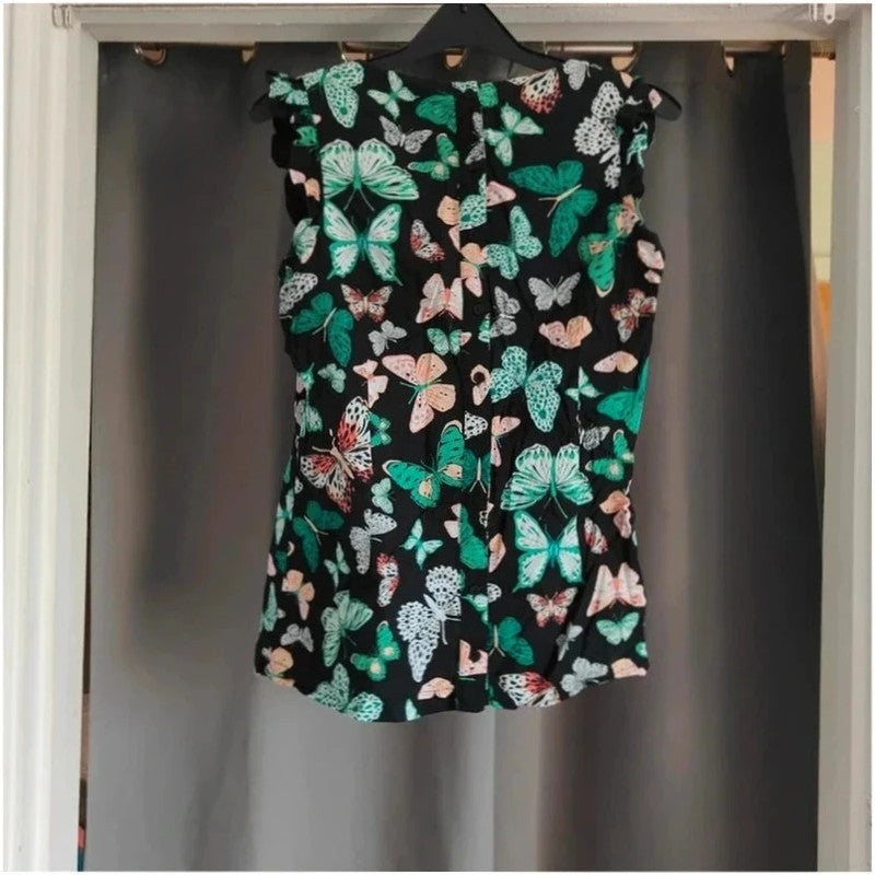 Dorothy Perkins Black Cotton Butterfly Print Short Flutter Sleeve Blouse Size 12