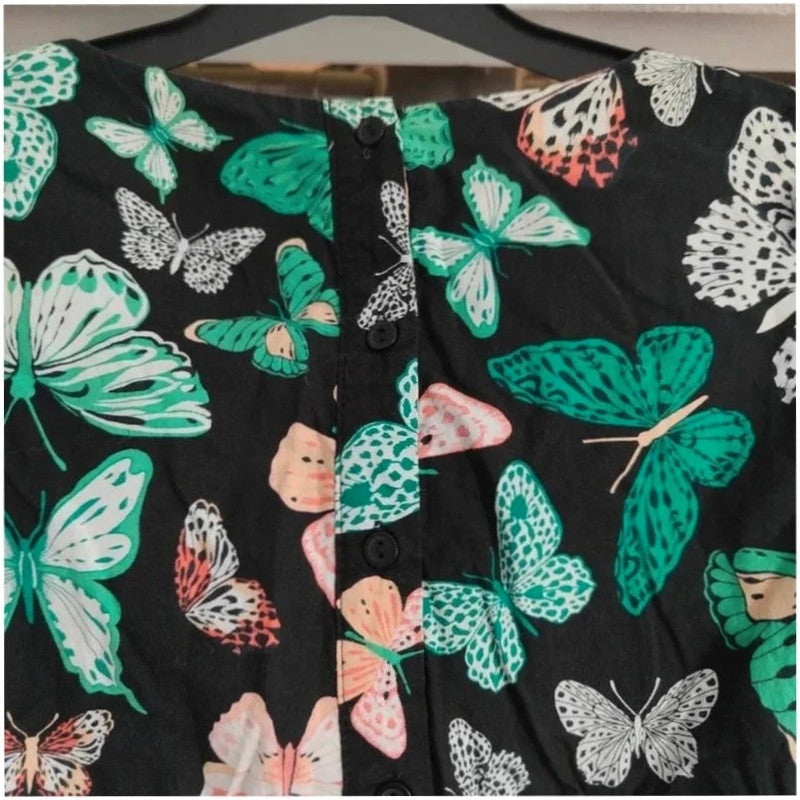 Dorothy Perkins Black Cotton Butterfly Print Short Flutter Sleeve Blouse Size 12