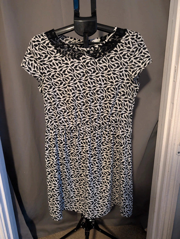 New Look Black White Bird Print Lace Peter Pan Collar Dress 12 UK