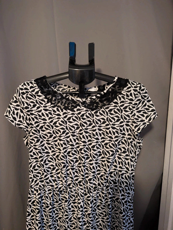New Look Black White Bird Print Lace Peter Pan Collar Dress 12 UK