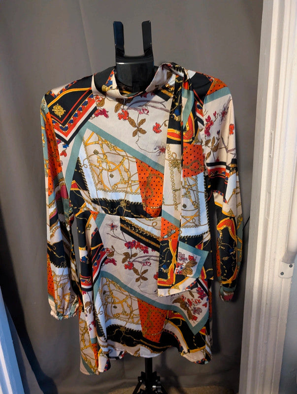 Boohoo Scarf Chain Print Tie Neck Satin Mini Dress 12 UK Baroque 70s Retro Glam