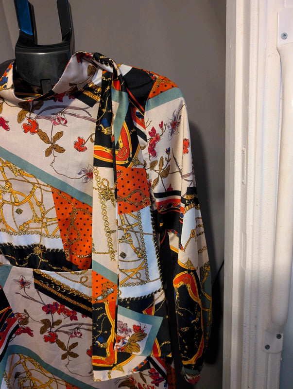 Boohoo Scarf Chain Print Tie Neck Satin Mini Dress 12 UK Baroque 70s Retro Glam