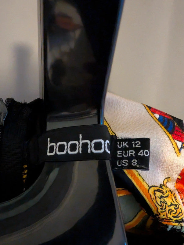 Boohoo Scarf Chain Print Tie Neck Satin Mini Dress 12 UK Baroque 70s Retro Glam