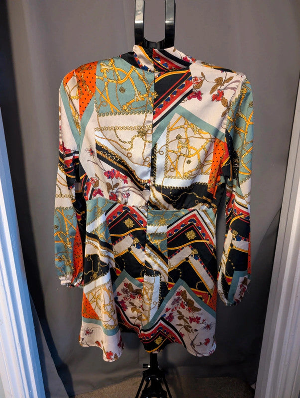 Boohoo Scarf Chain Print Tie Neck Satin Mini Dress 12 UK Baroque 70s Retro Glam