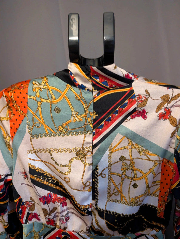 Boohoo Scarf Chain Print Tie Neck Satin Mini Dress 12 UK Baroque 70s Retro Glam