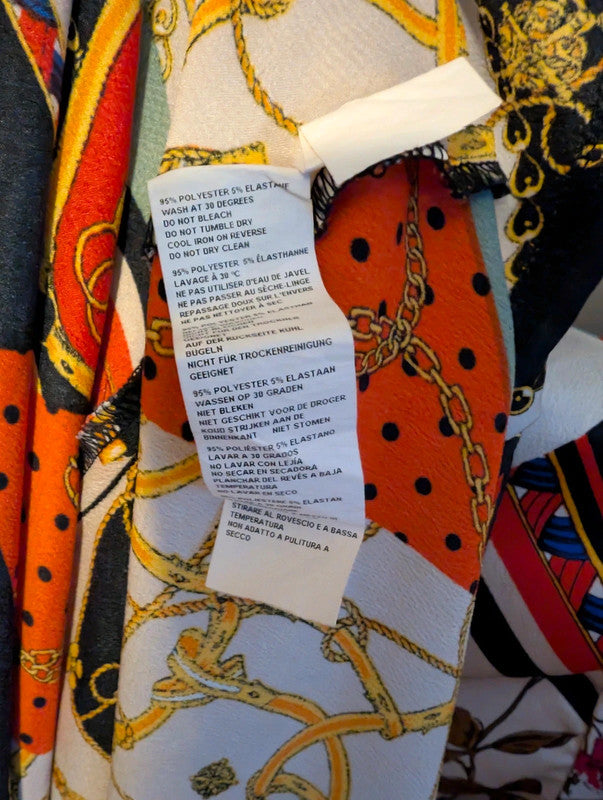 Boohoo Scarf Chain Print Tie Neck Satin Mini Dress 12 UK Baroque 70s Retro Glam