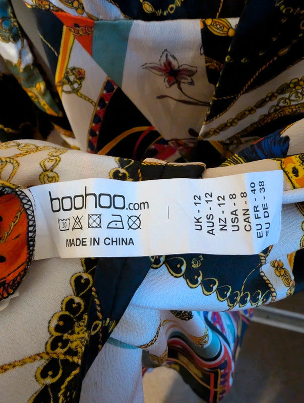 Boohoo Scarf Chain Print Tie Neck Satin Mini Dress 12 UK Baroque 70s Retro Glam