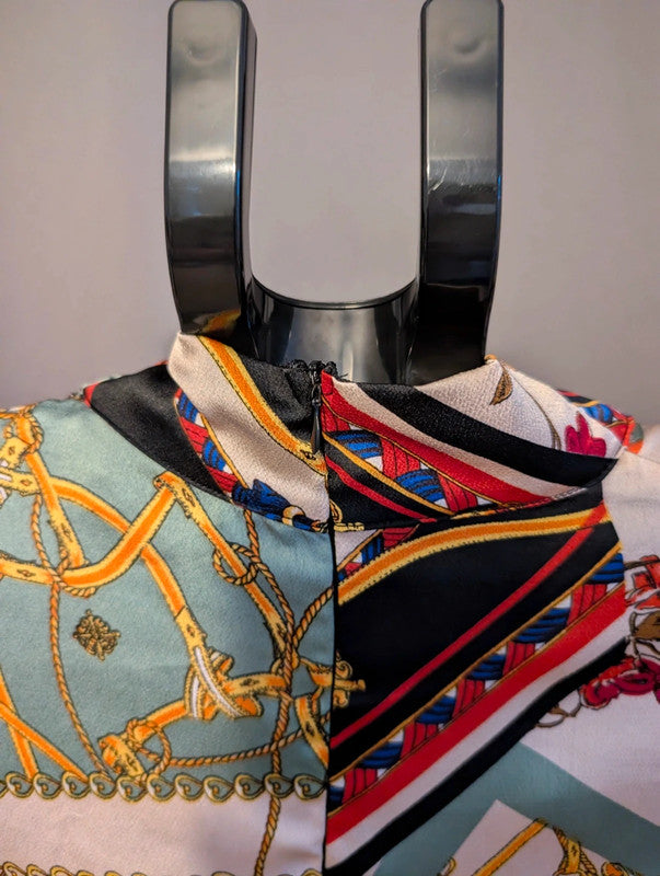 Boohoo Scarf Chain Print Tie Neck Satin Mini Dress 12 UK Baroque 70s Retro Glam