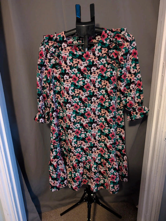 Papaya Black Floral Ruffle Shoulder Smock Mini Dress 8 UK Cottagecore Babydoll