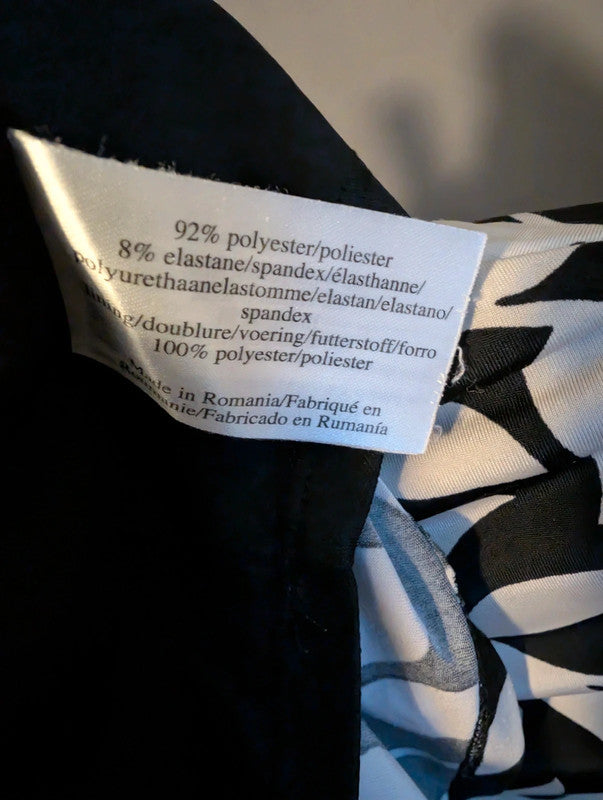 Laura Ashley Black White Leaf Print Ruched Wiggle Bodycon Dress 8 UK Vintage