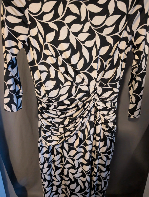 Laura Ashley Black White Leaf Print Ruched Wiggle Bodycon Dress 8 UK Vintage