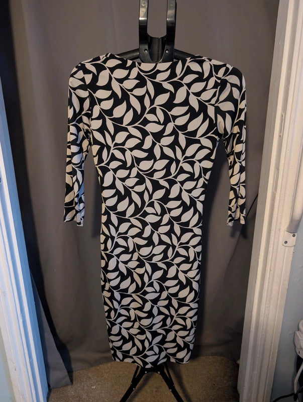 Laura Ashley Black White Leaf Print Ruched Wiggle Bodycon Dress 8 UK Vintage