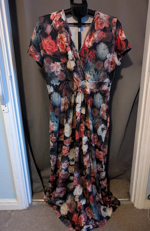 Hotsquash Black Red Moody Floral Wrap Maxi Dress 14 UK Whimsigoth Goth Gown