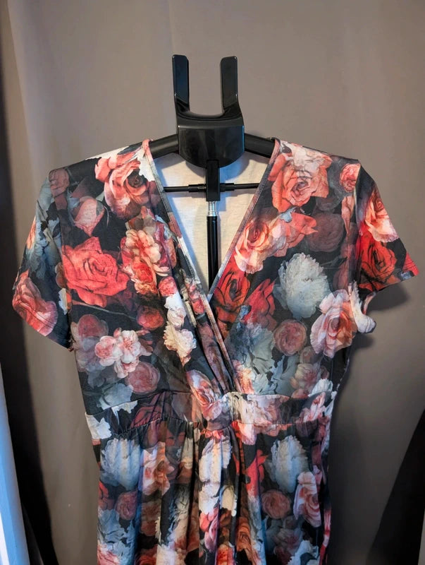 Hotsquash Black Red Moody Floral Wrap Maxi Dress 14 UK Whimsigoth Goth Gown