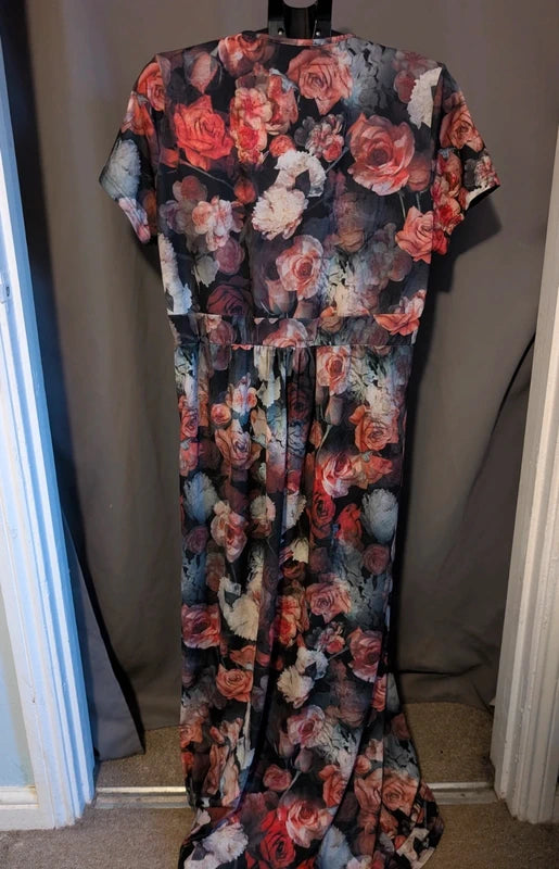 Hotsquash Black Red Moody Floral Wrap Maxi Dress 14 UK Whimsigoth Goth Gown