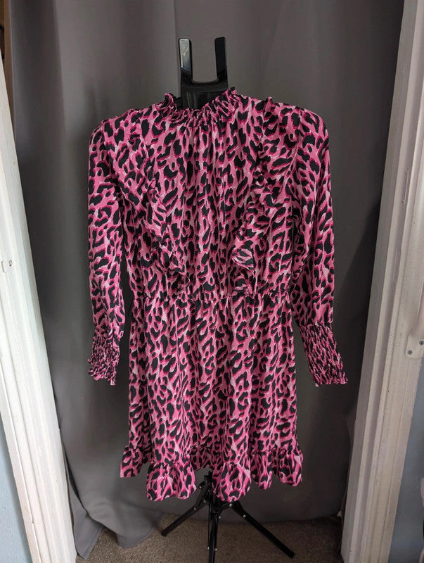 Savida Pink Leopard Print Mini Dress Small UK 10 Ruffle High Neck Long Sleeve