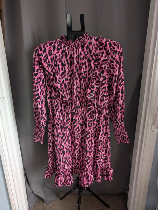 Savida Pink Leopard Print Mini Dress Small UK 10 Ruffle High Neck Long Sleeve