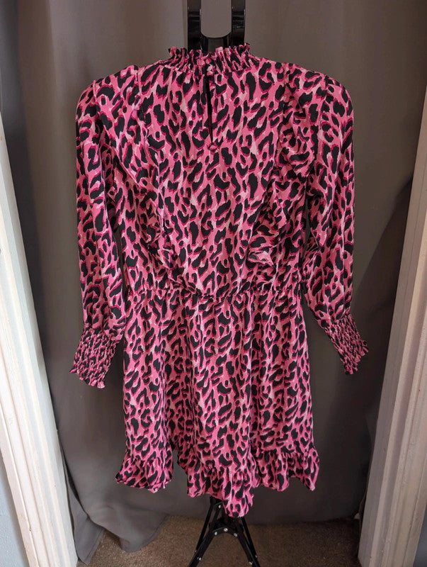 Savida Pink Leopard Print Mini Dress Small UK 10 Ruffle High Neck Long Sleeve