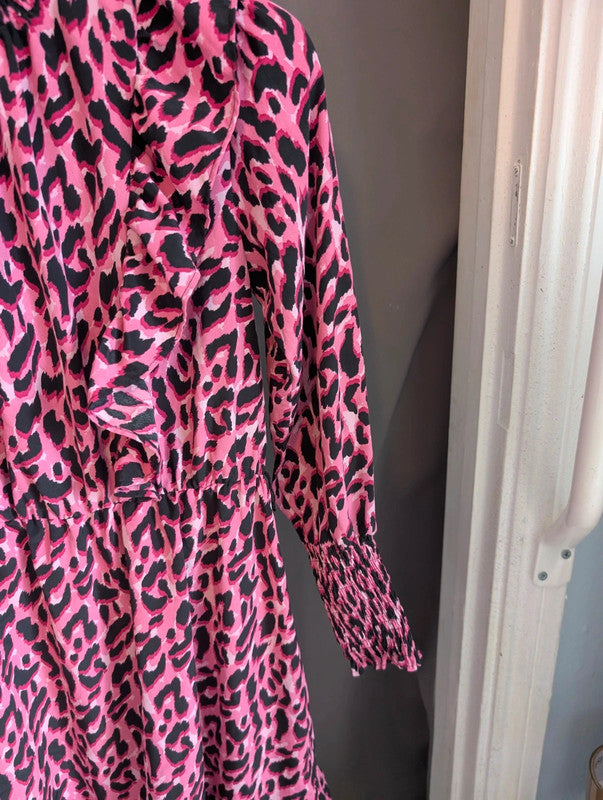 Savida Pink Leopard Print Mini Dress Small UK 10 Ruffle High Neck Long Sleeve