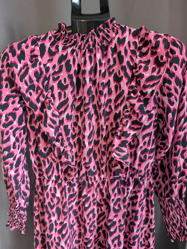 Savida Pink Leopard Print Mini Dress Small UK 10 Ruffle High Neck Long Sleeve