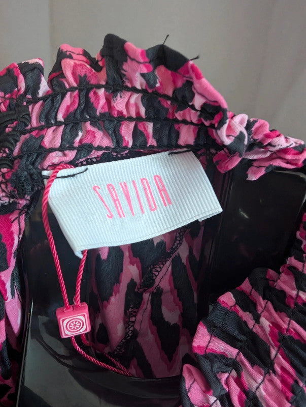 Savida Pink Leopard Print Mini Dress Small UK 10 Ruffle High Neck Long Sleeve