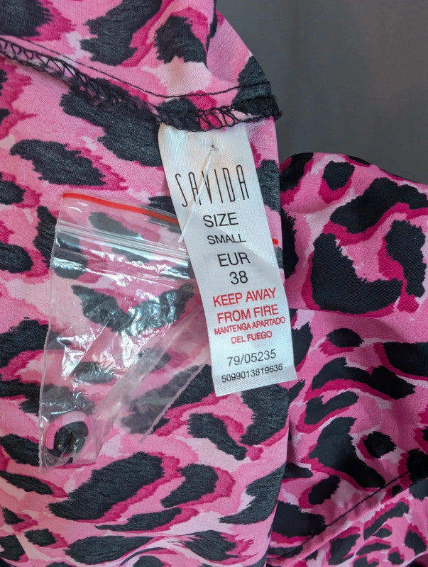 Savida Pink Leopard Print Mini Dress Small UK 10 Ruffle High Neck Long Sleeve