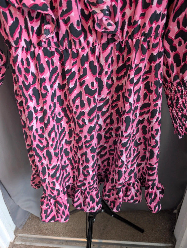Savida Pink Leopard Print Mini Dress Small UK 10 Ruffle High Neck Long Sleeve