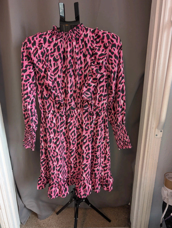 Savida Pink Leopard Print Mini Dress Small UK 10 Ruffle High Neck Long Sleeve