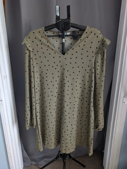 Primark Khaki Olive Polka Dot Smock Dress XL UK 18 20 Ruffle V Neck