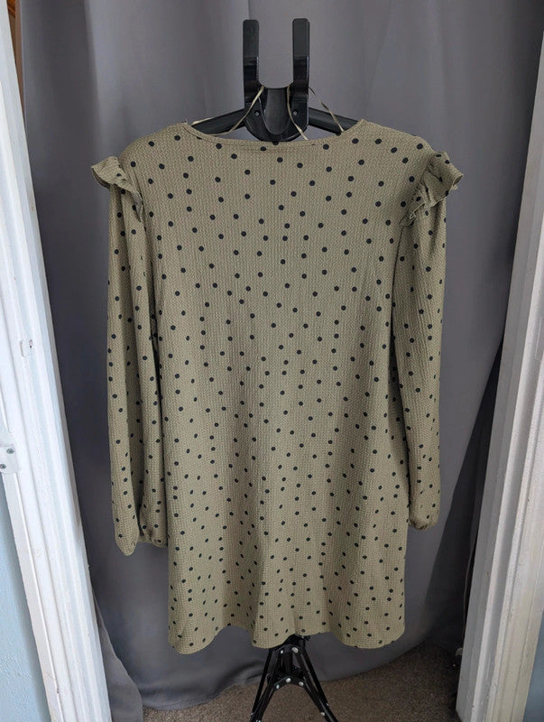Primark Khaki Olive Polka Dot Smock Dress XL UK 18 20 Ruffle V Neck