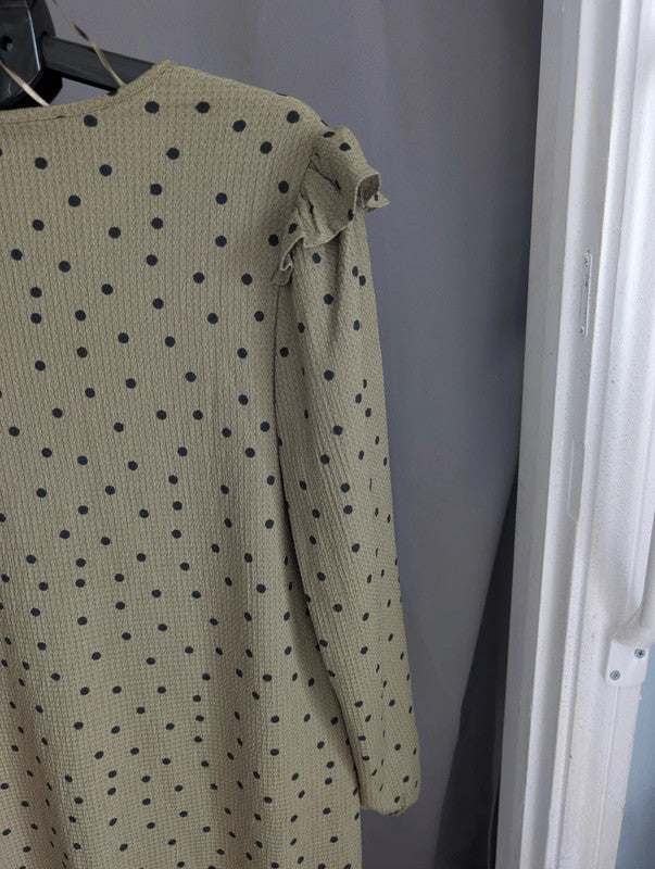 Primark Khaki Olive Polka Dot Smock Dress XL UK 18 20 Ruffle V Neck