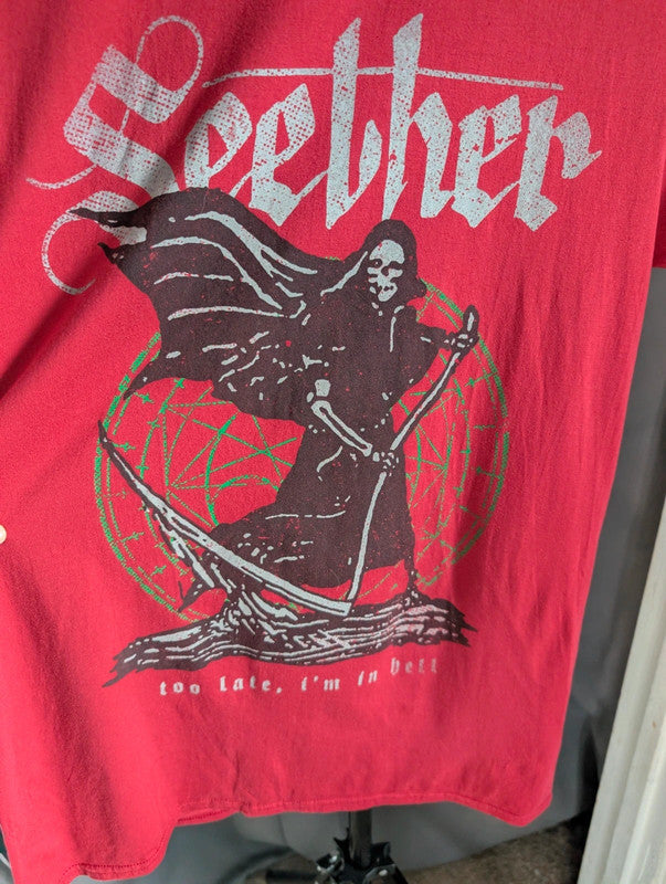 Seether T Shirt L Red Grim Reaper Too Late Im In Hell Graphic Band Tee Top