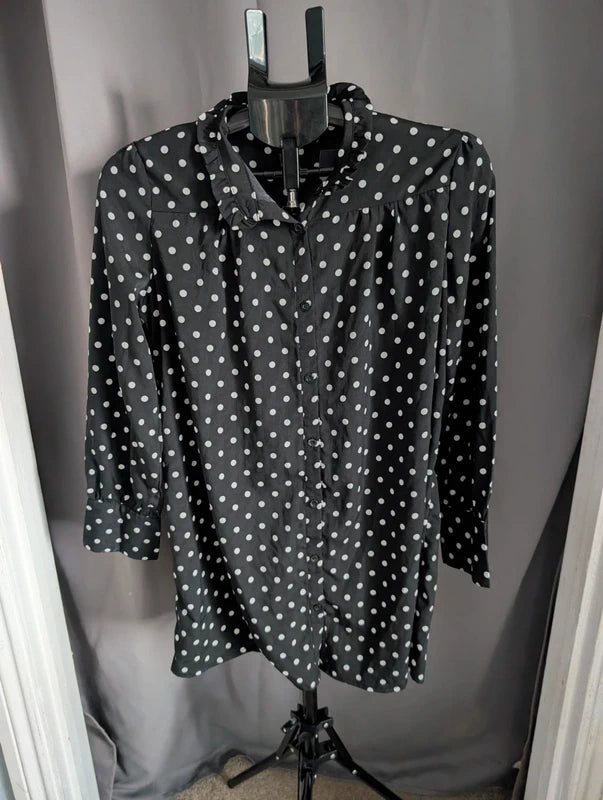 Voyelles Blouse S Black Polka Dot Ruffle High Neck Button Shirt Tunic Top