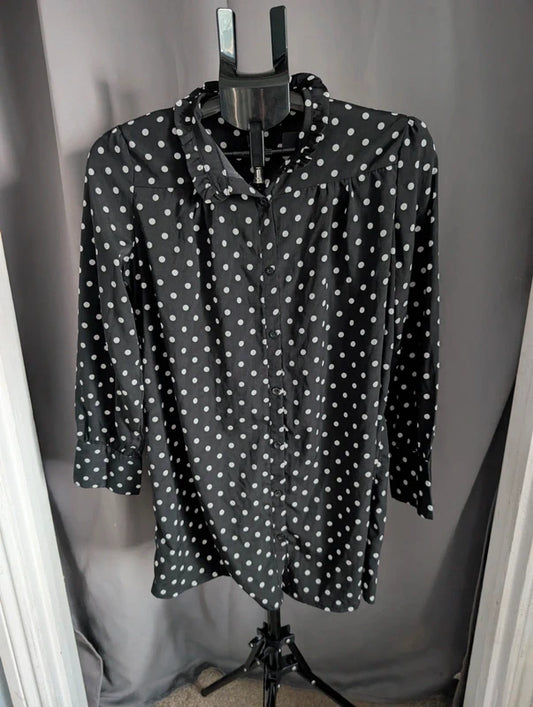 Voyelles Blouse S Black Polka Dot Ruffle High Neck Button Shirt Tunic Top